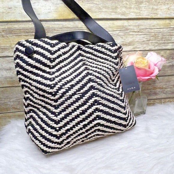 Zara Handbags - ZARA Woven Crochet Beige Black Cotton Bohemian Purse Shoulder Bag Tote